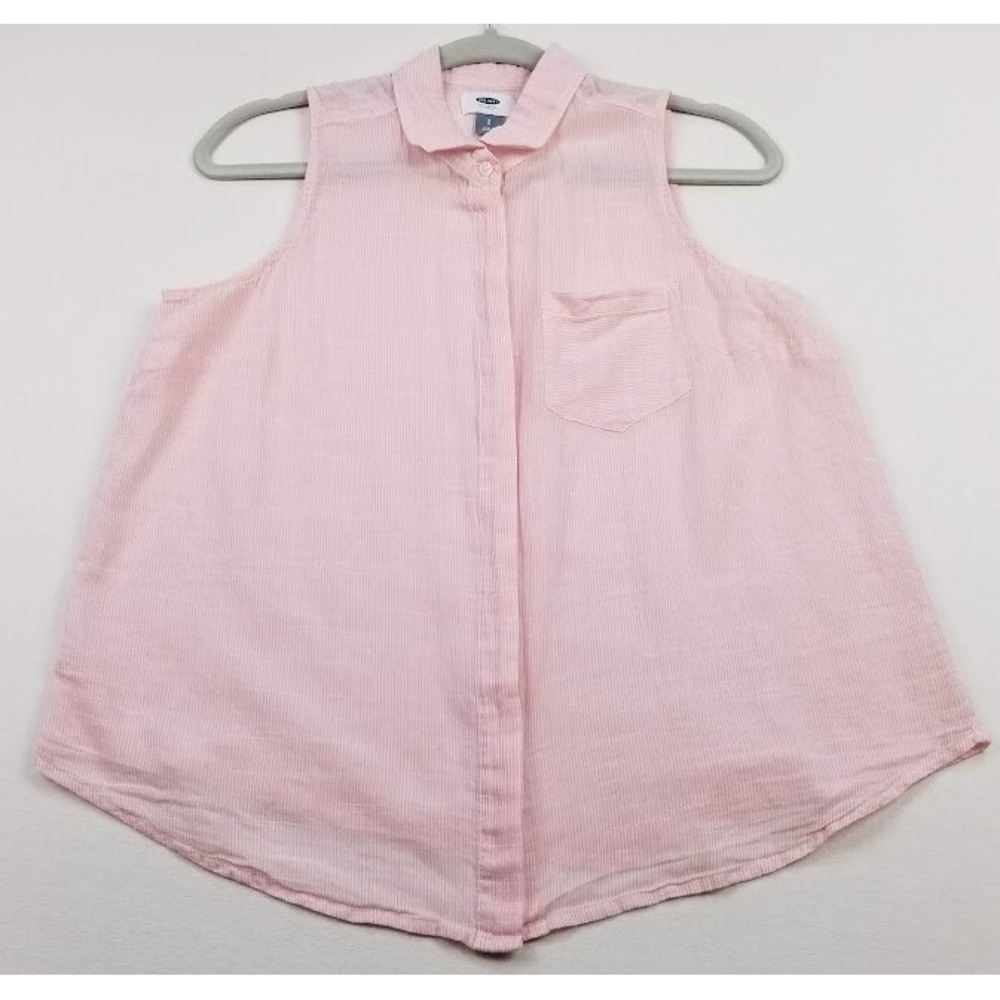 Old Navy Button Up Shirt Women Small Pink White Striped Pocket Sleeveless Sheer